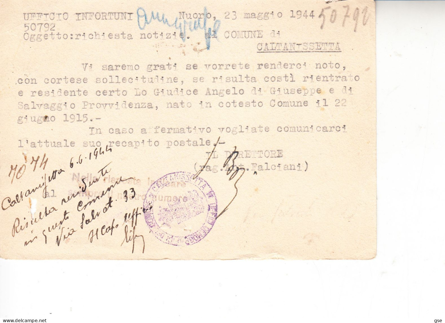 ITALIA 1944 - Cartolina "Istituto Nazionale Assicurazione..." ACS" Da Nuoro A Caltanissetta E Rispedita - Poststempel