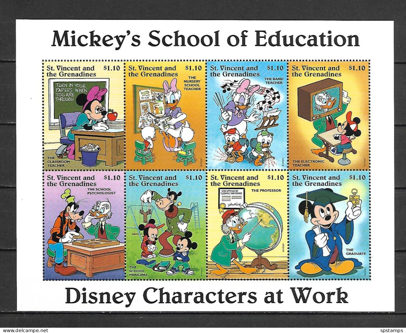 Disney St Vincent Gr 1996 Mickey's School Of Education Sheetlet (WITHOUT LABEL) MNH - Disney