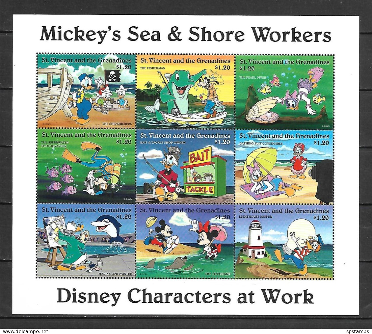 Disney St Vincent Gr 1996 Mickey's Sea & Shore Workers Sheetlet (WITHOUT LABEL) MNH - Disney