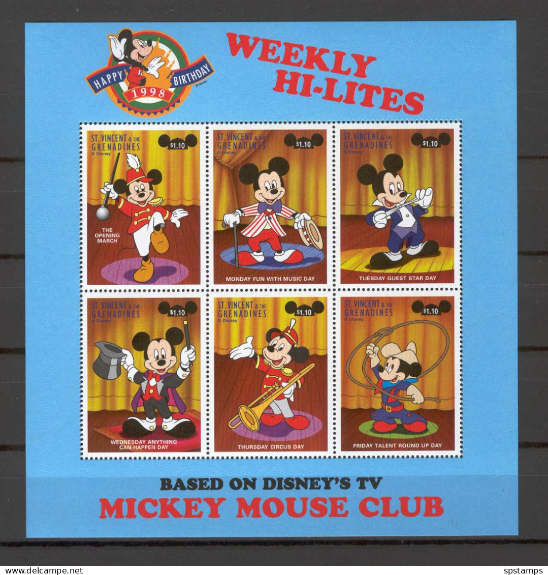 Disney St Vincent Gr 1998 Mickey - Weekly Hi-lites Sheetlet MNH - Disney