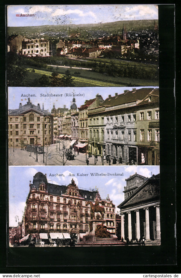 AK Aachen, Gesamtansicht, Stadttheater, Am Kaiser Wilhelm-Denkmal, Strassenbahn  - Tranvía