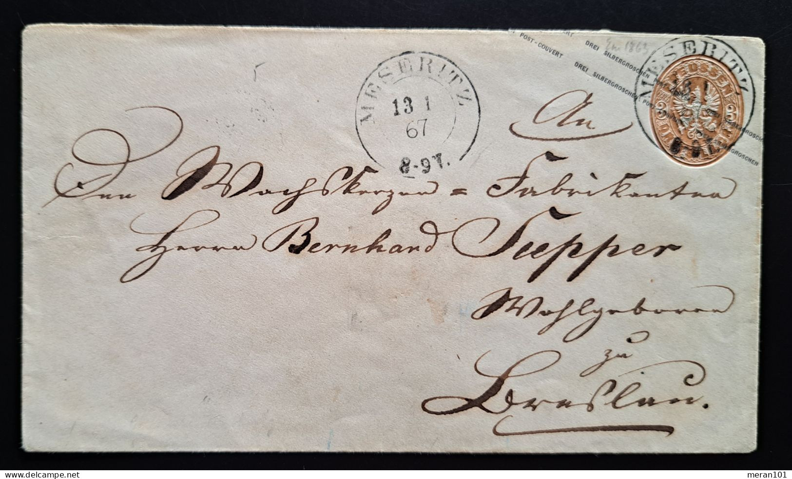 Preussen 1867, Umschlag MESERITZ  Mi U28A - Postal  Stationery