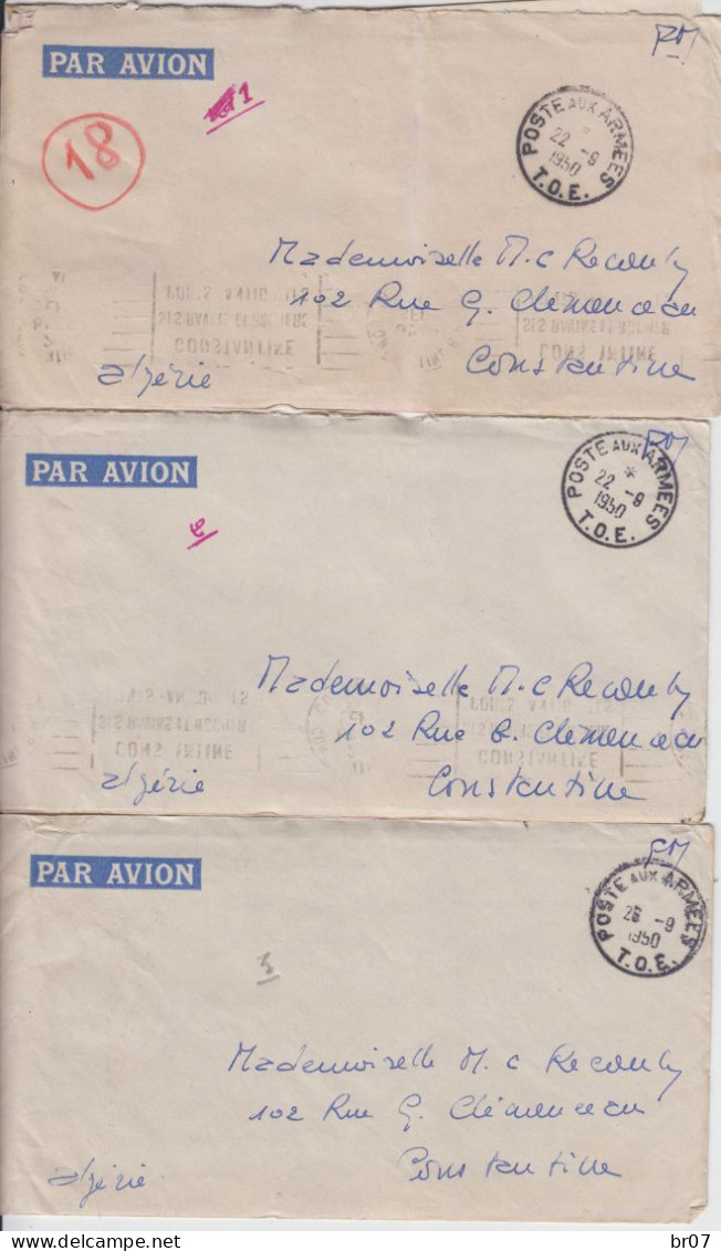 INDOCHINE LAC X 24 1950 POSTE AUX ARMEES T.O.E. (22/09 AU 27/10/1950) => CONSTANTINE ALGERIE  SCANS - Briefe U. Dokumente