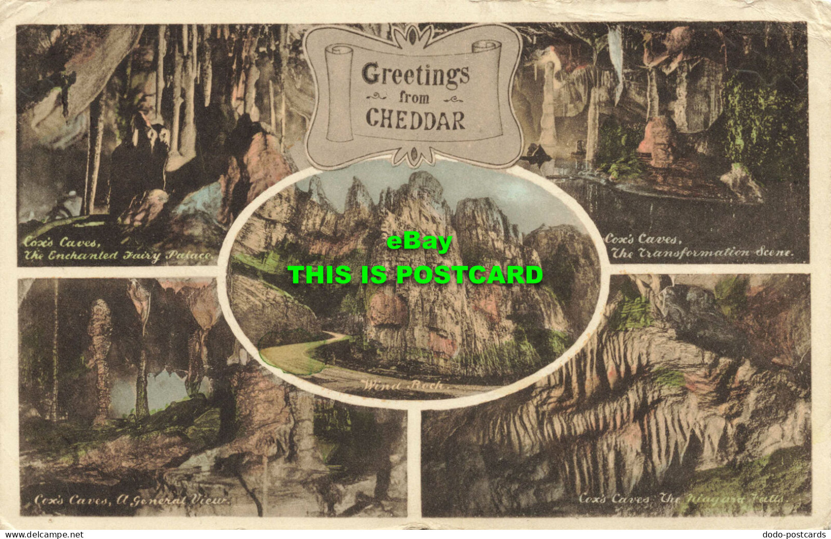 R594236 Greetings From Cheddar. Wind Rock. Cox Caves. A General View. F. Frith. - World