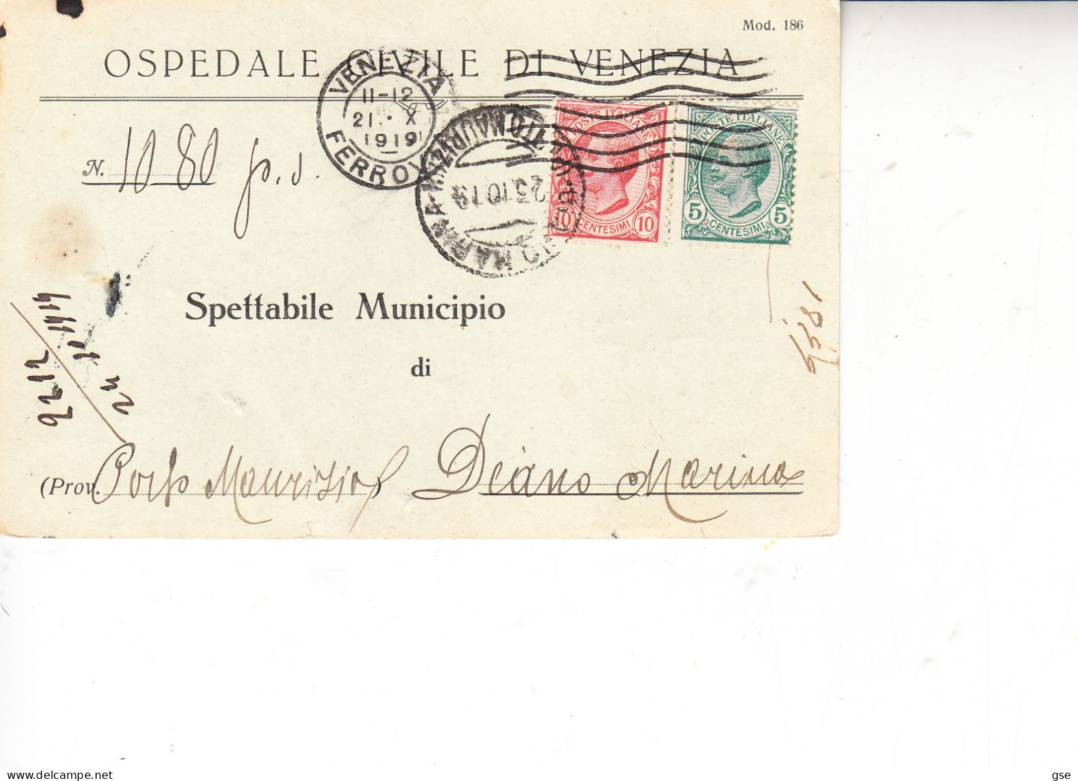 ITALIA 1919 - Cartolina Ospedale Di Venezia A Diano Marina - Marcophilia
