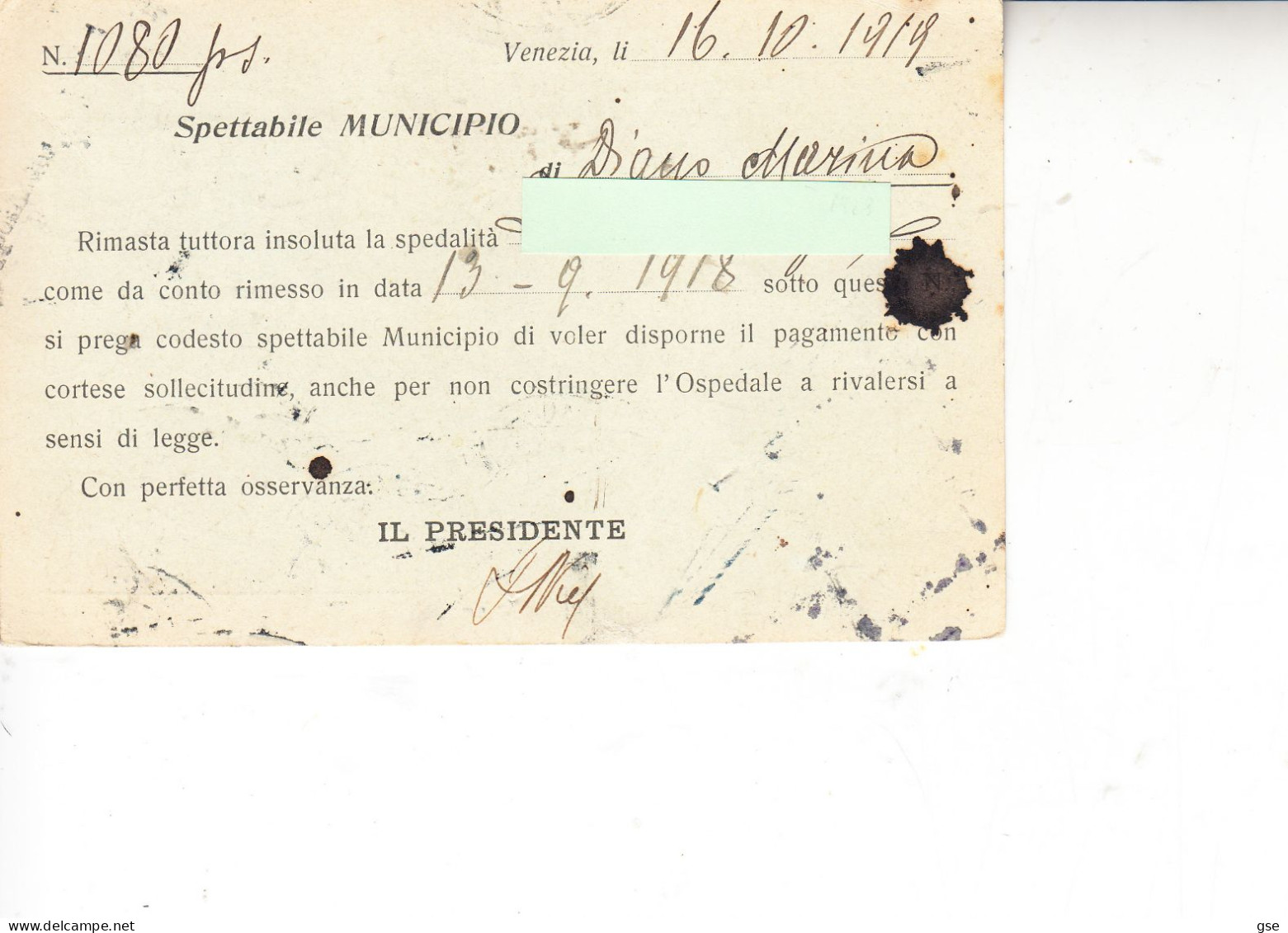 ITALIA 1919 - Cartolina Ospedale Di Venezia A Diano Marina - Marcophilia