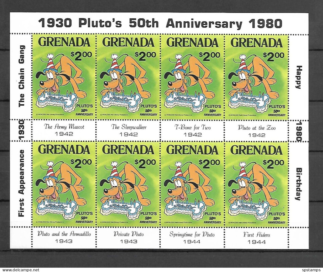 Disney Set Grenada 1981 50th Anniversary Of Pluto Sheetlet Of 8 MNH - Disney
