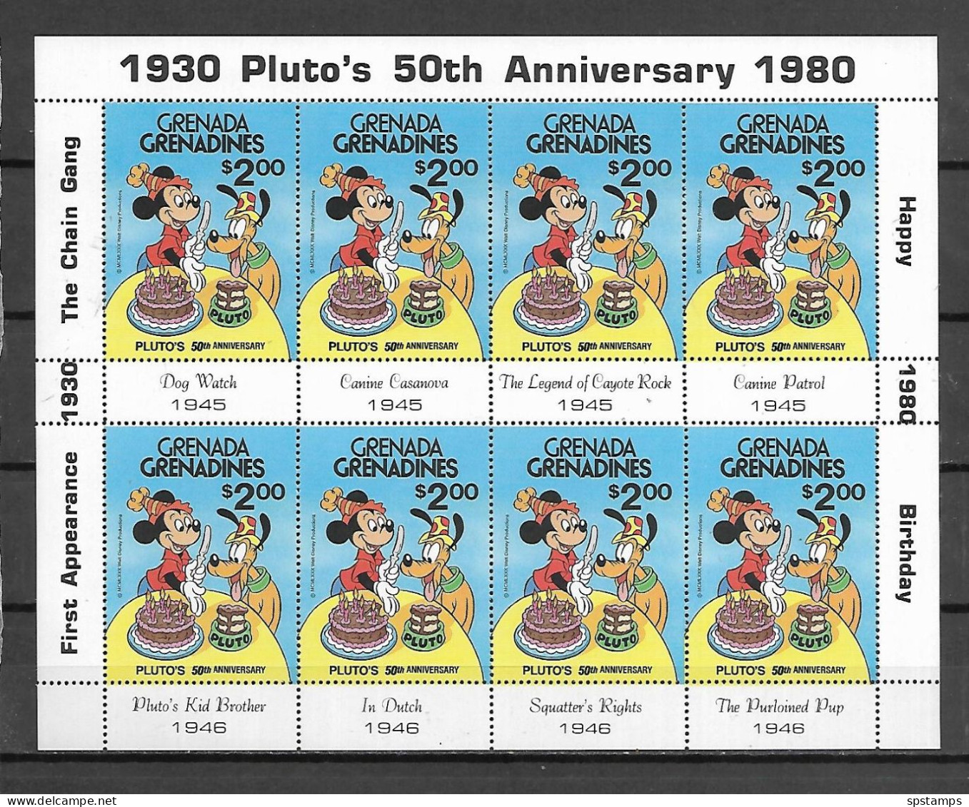 Disney Set Grenada Gr 1981 50th Anniversary Of Pluto Sheetlet Of 8 MNH - Disney
