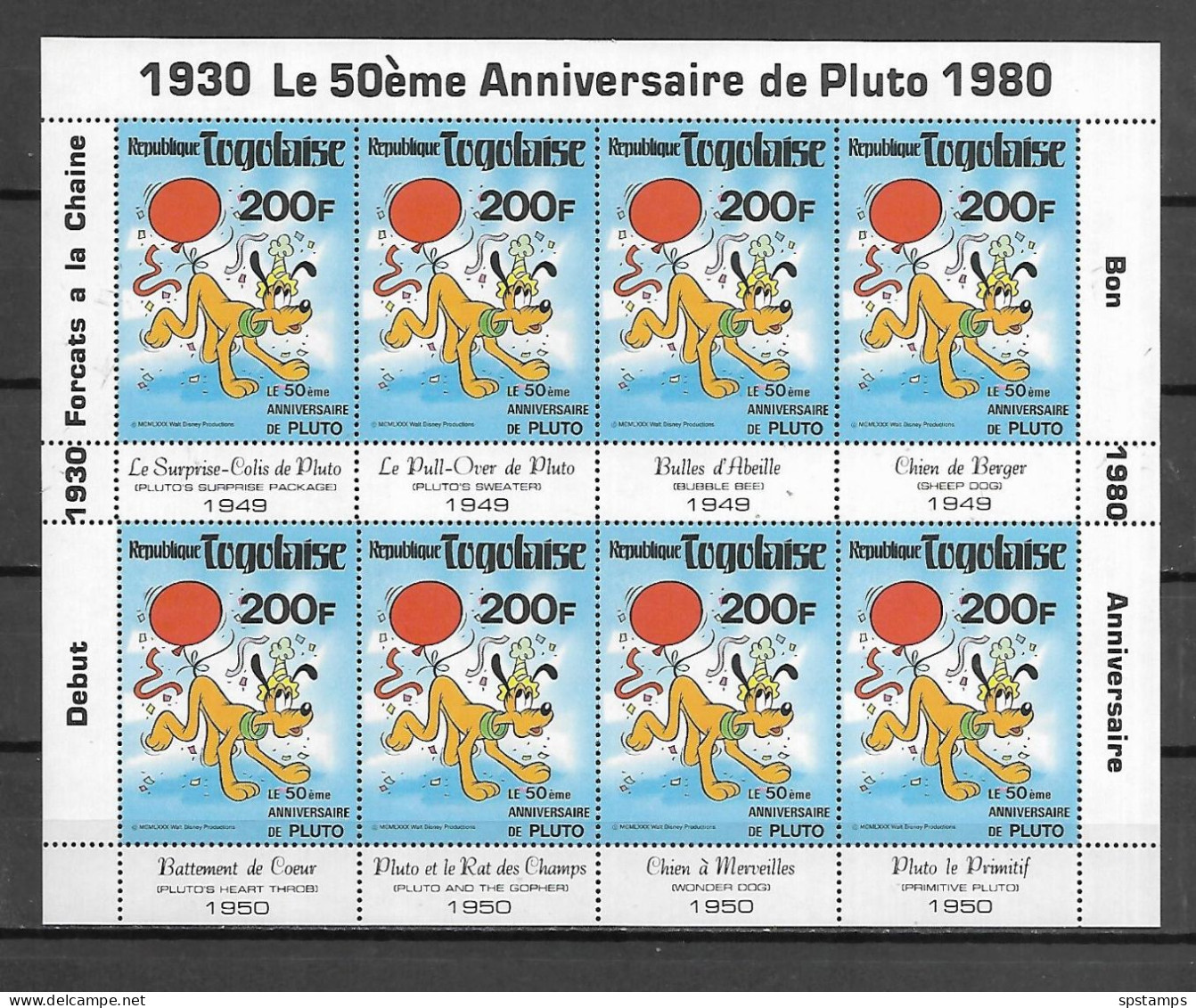 Disney Set Togo 1980 50th Anniversary Of Pluto Sheetlet Of 8 MNH - Disney
