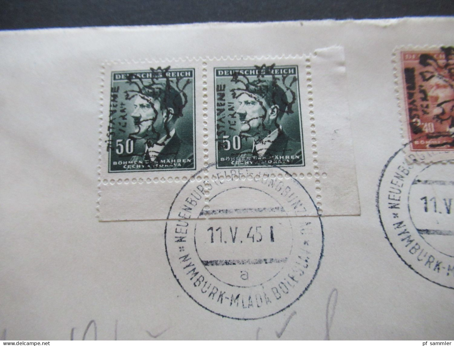 11.5.1945 Böhmen Und Mähren Hitler Marken Mit Aufdruck Zistamene Und Löwe Stempel Neuenburg (Elbe) Jungbunzlau Nymburk - Covers & Documents