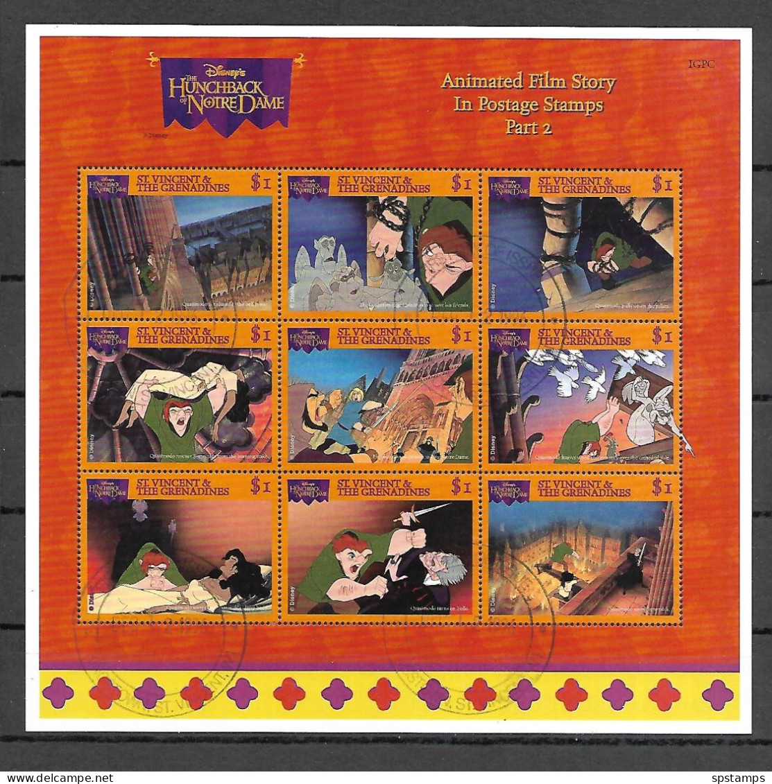 Disney St Vincent Gr 1996 The Hunchback Of NotreDame Sheetlet #2 USED - CTO - Disney