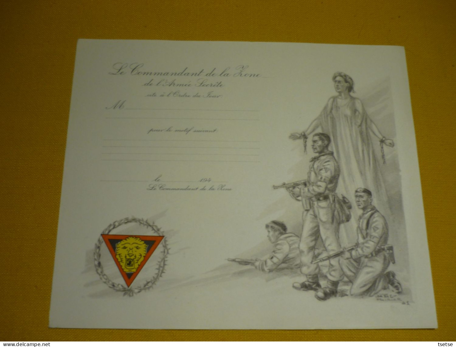 WW2 - Citation à L'Ordre Du Jour , Diplôme Vierge Illustré Par James Thiriar - Sigle Brigade Piron - Guerre 1939-45