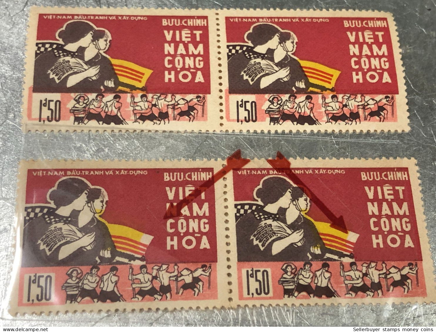 SOUTH VIETNAM Stamps(1966-LALUTTE ET LA CONS TRUCTION-0d80) Piled ERROR(printing)2 STAMPS-vyre Rare - Vietnam