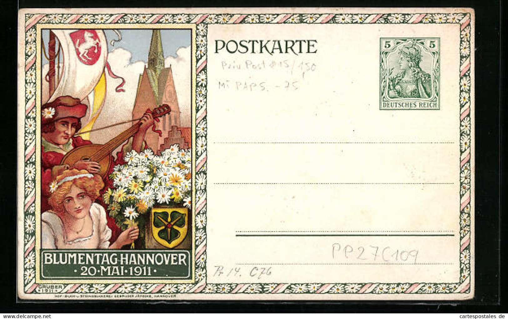 Lithographie Hannover, Blumentag 1911, Sänger Und Blumendame Vor Fahne, Ganzsache  - Andere & Zonder Classificatie