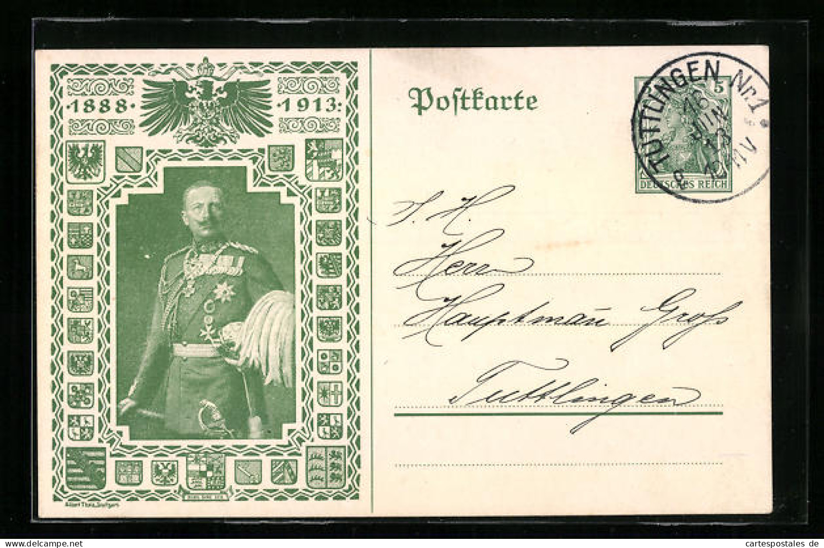 AK Kaiser Wilhelm II. In Galauniform Mit Paradebusch, 25. Jähr. Regierungsjubiläum 1888-1913, Ganzsache  - Royal Families
