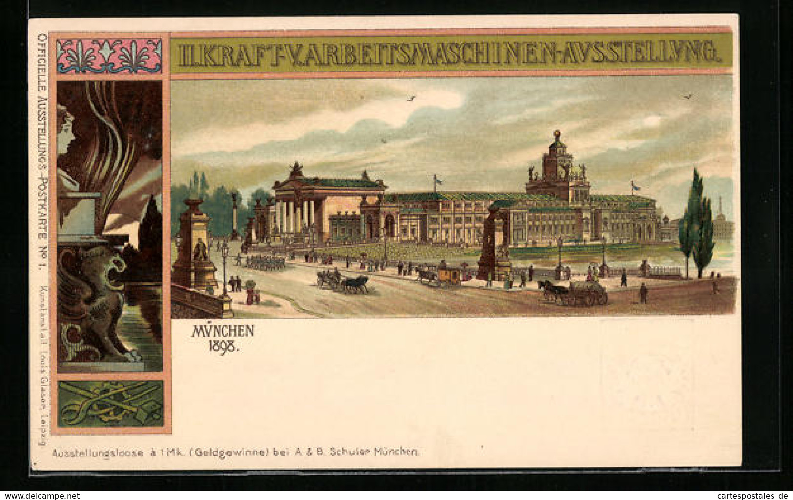 Lithographie Ganzsache Bayern: München, II. Kraft- Und Arbeitsmaschinen-Ausstellung 1898, Ortspartie Mit Gebäude  - Tentoonstellingen