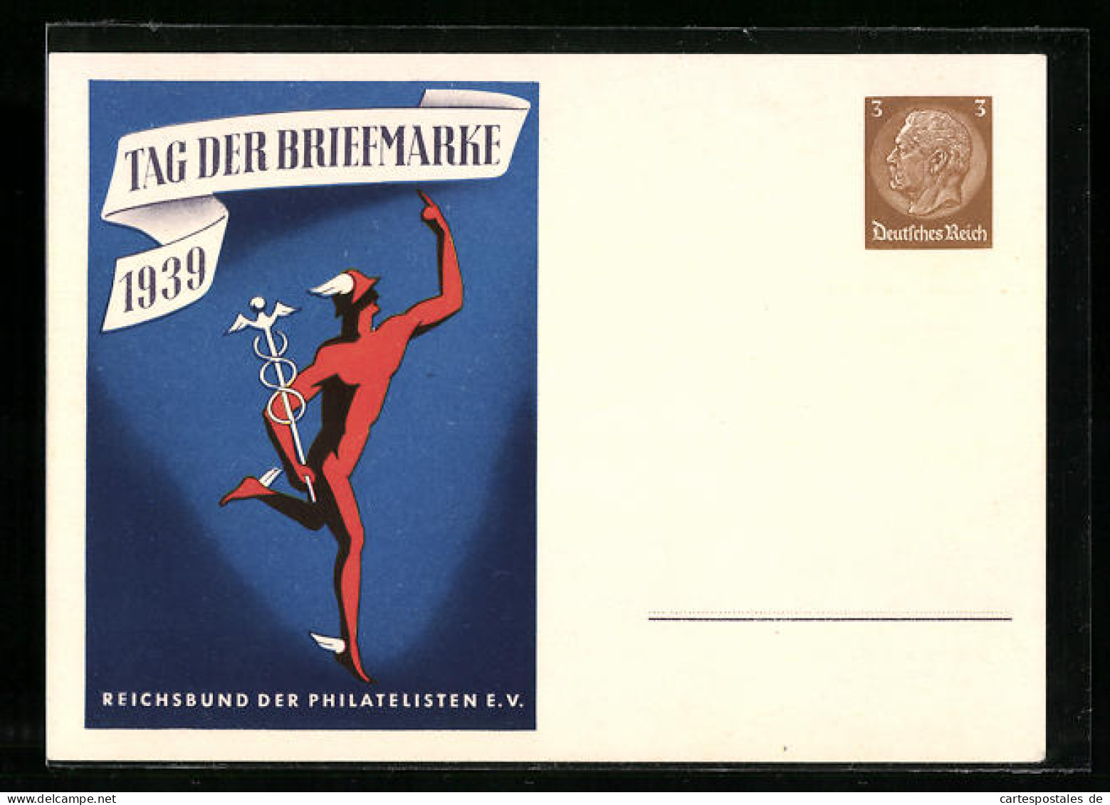 Künstler-AK Ganzsache: Tag Der Briefmarke, Reichsbund Der Philatelisten E.V. 1939, Hermes  - Timbres (représentations)