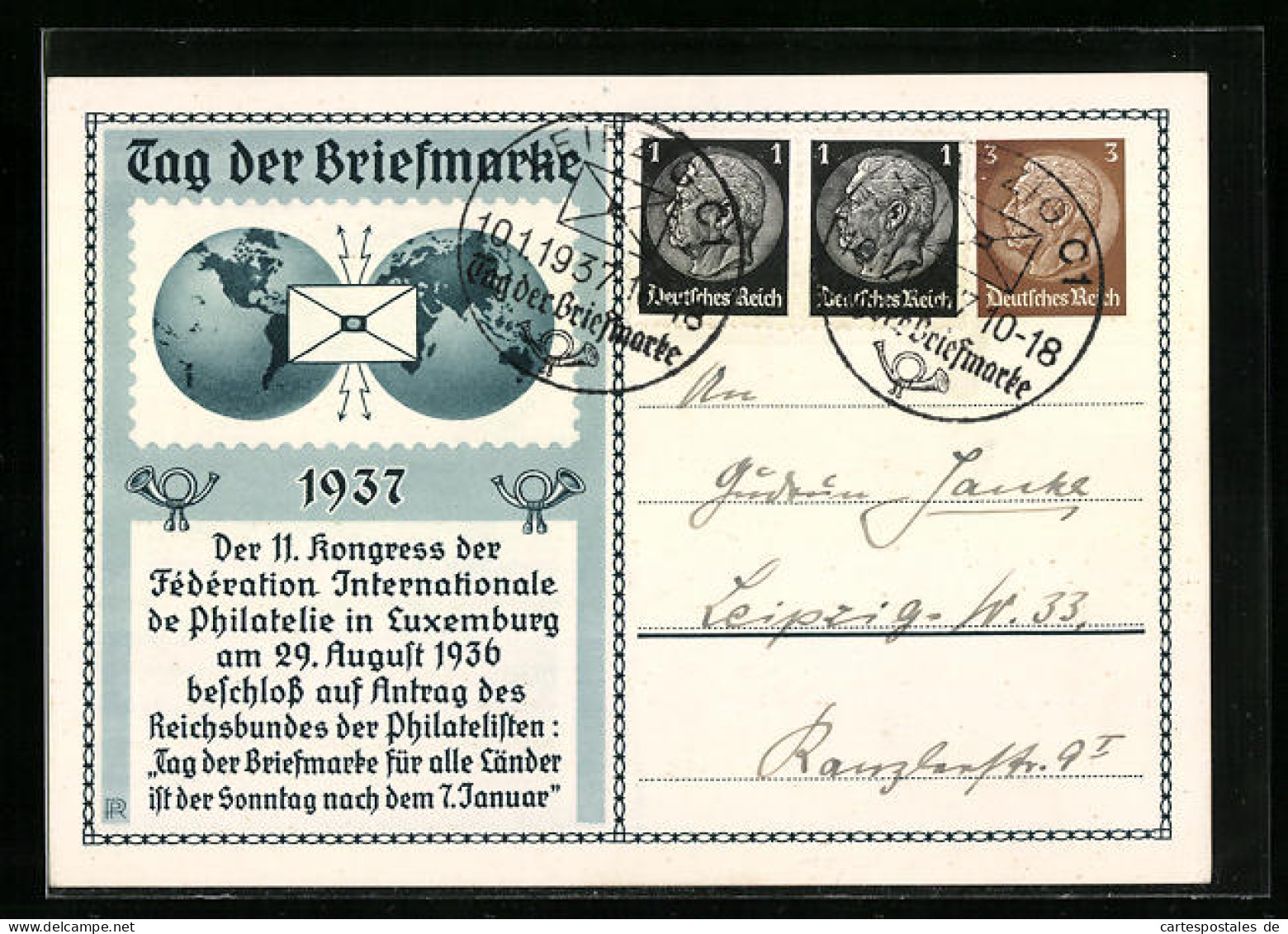 AK Ganzsache: Tag Der Briefmarke 7. Januar 1937  - Postzegels (afbeeldingen)