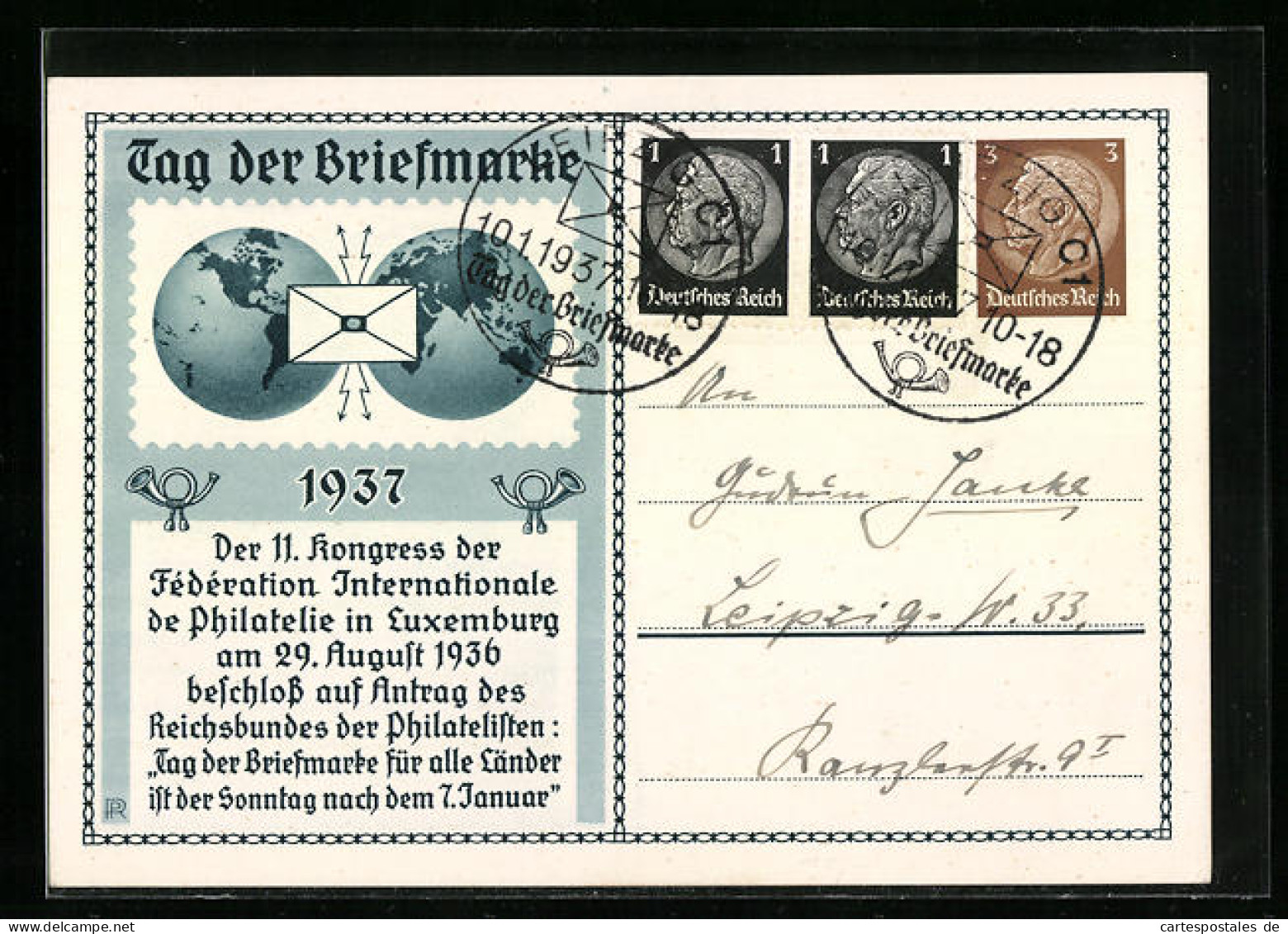 AK Ganzsache: Tag Der Briefmarke 7. Januar 1937  - Timbres (représentations)