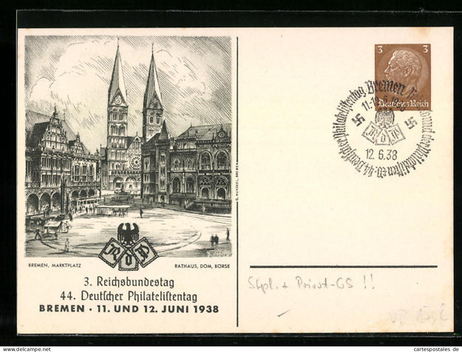 AK Ganzsache Bremen, 3. Reichsbundestag-44. Deutscher Philatelistentag 1938, Marktplatz Mit Börse, Dom & Rathaus  - Timbres (représentations)