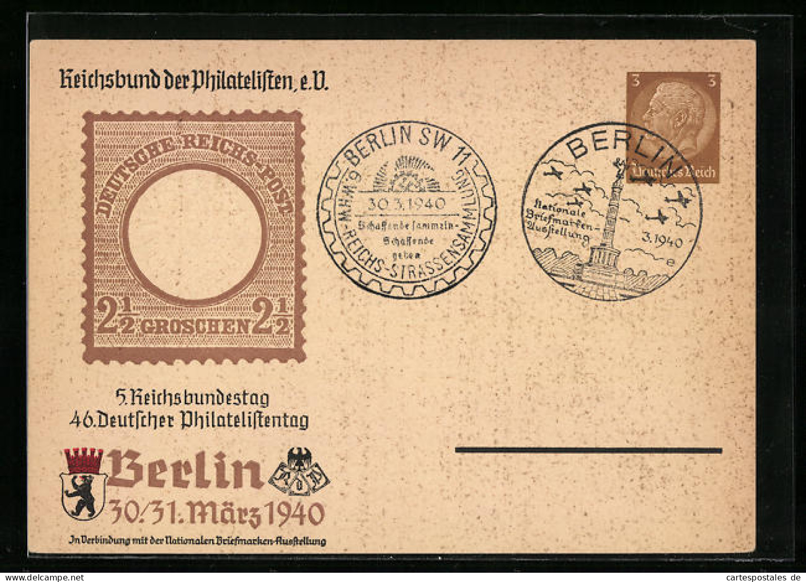 Präge-AK Ganzsache: Berlin, 5. Reichsbundestag & 46. Deutscher Philatelistentag 1940, Wappen  - Postzegels (afbeeldingen)