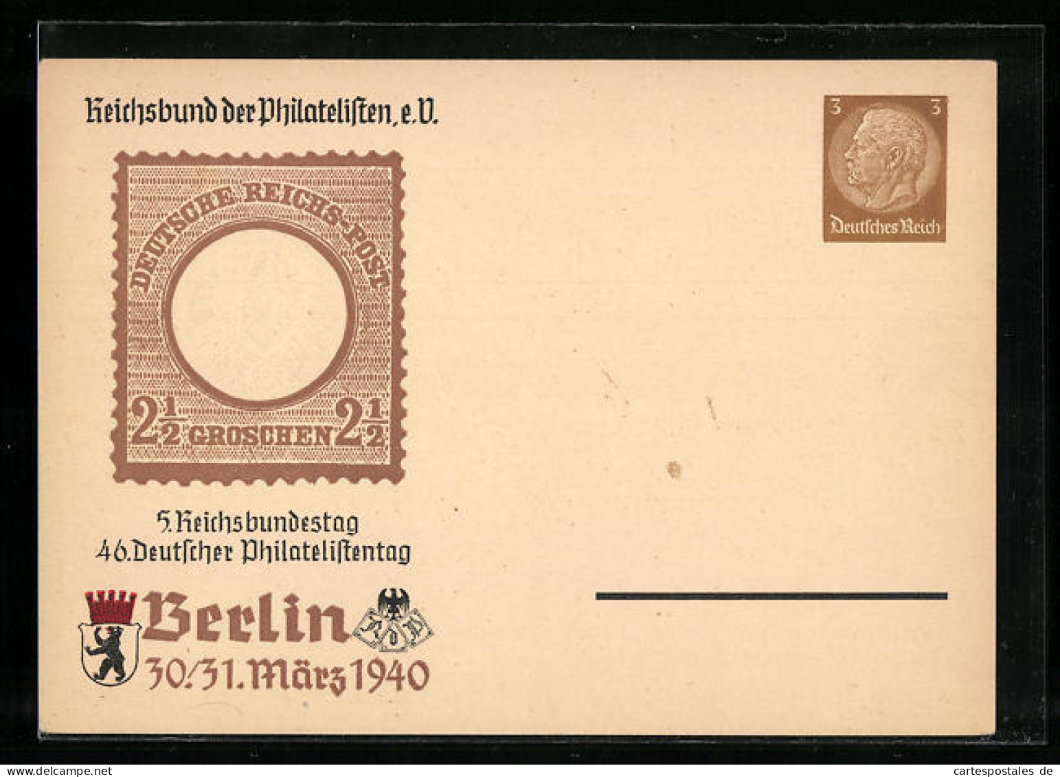 Präge-AK Berlin, 5. Reichsbundestag-46. Deutscher Philatelistentag 1940, Reichsbund Der Philatelisten, Ganzsache  - Sellos (representaciones)