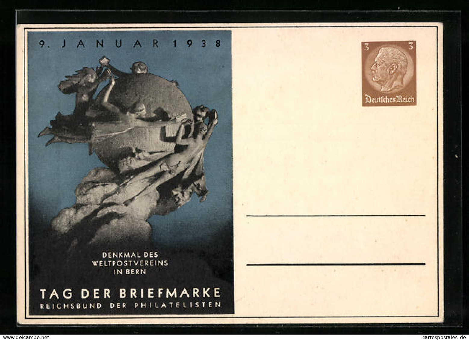 AK Bern, Tag Der Briefmarke 9. Januar 1938, Denkmal Des Weltpostvereins, Ganzsache  - Postzegels (afbeeldingen)