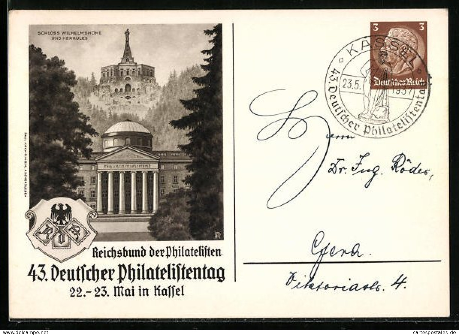 AK Kassel, Reichsbund Der Philatelisten 43. Deutscher Philatelistentag 1937, Schloss Wilhelmshöhe Und Herkules, Ganzs  - Timbres (représentations)