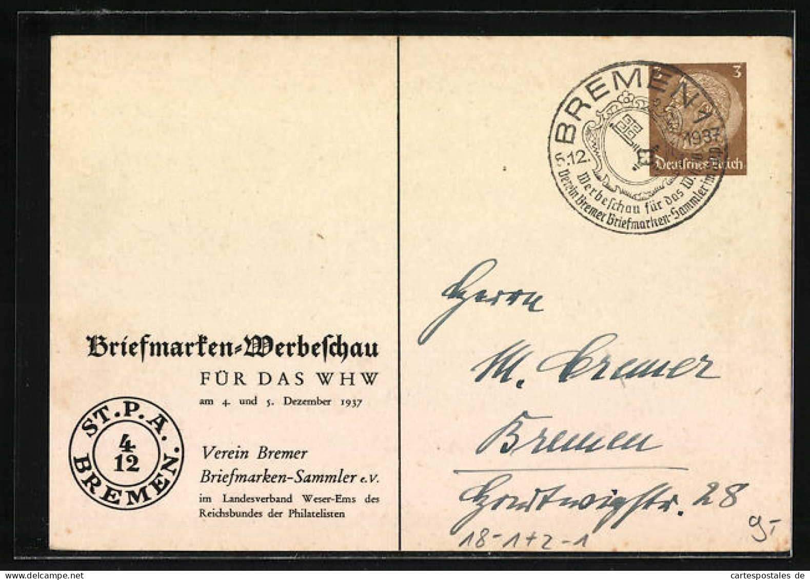 AK Bremen, Stadtpostamt, Briefmarken-Werbeschau Für Das WHW 1937, Verein Bremer Briefmarken-Sammler E. V., Ganzsache  - Briefmarken (Abbildungen)