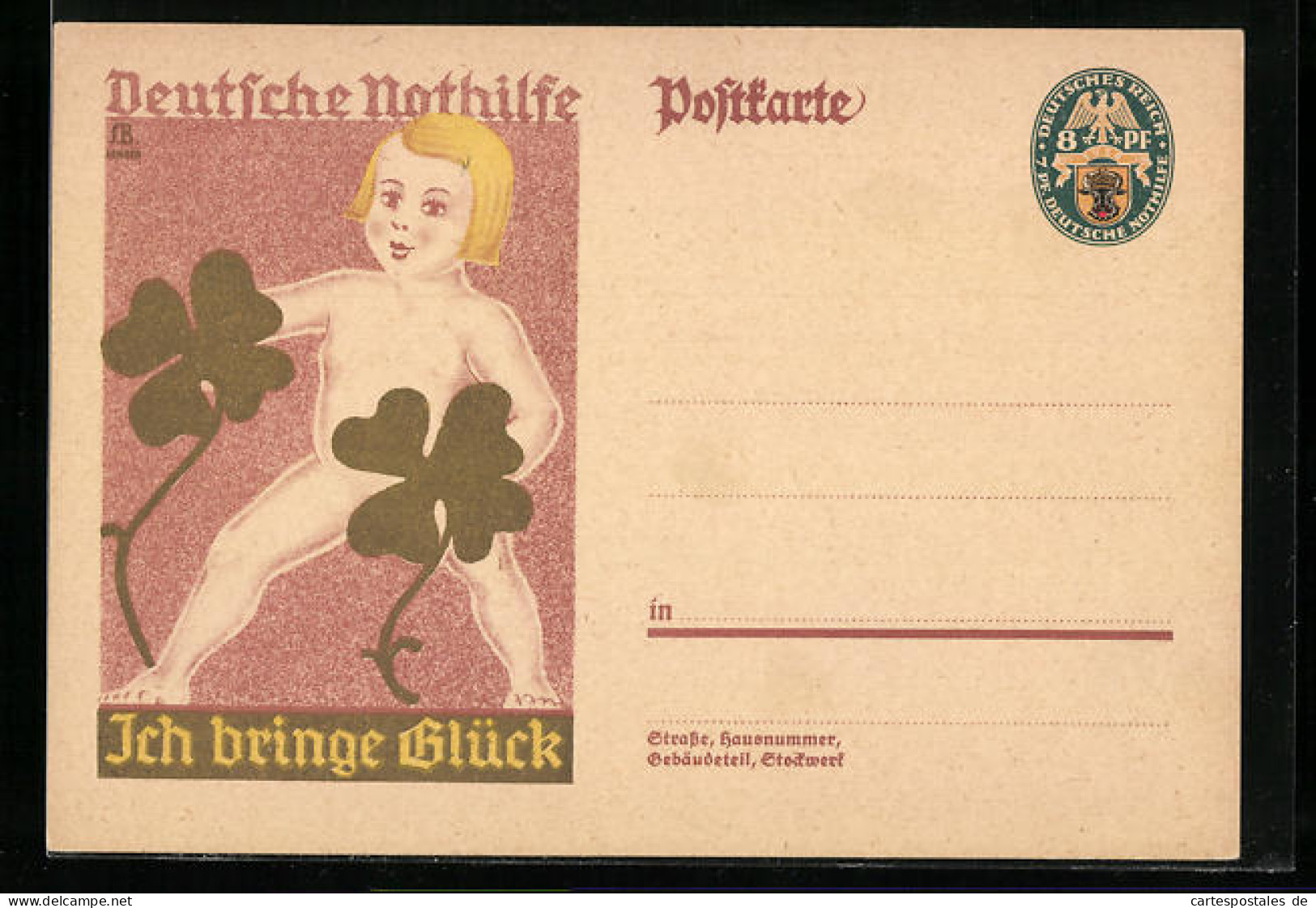 AK Deutsche Nothilfe, Ich Bringe Glück, Nackedei Mit Klee, Ganzsache  - Postcards