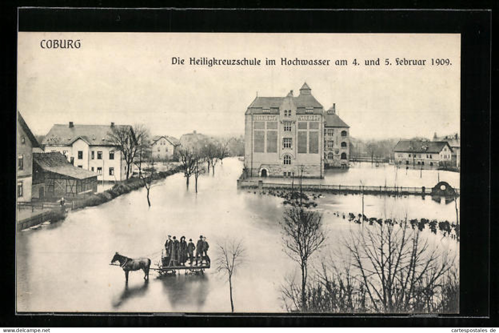 AK Coburg, Heiligkreuzschule Im Hochwasser 1909, Einwohner Auf Pferdefuhrwerk Im Wasser  - Inondations
