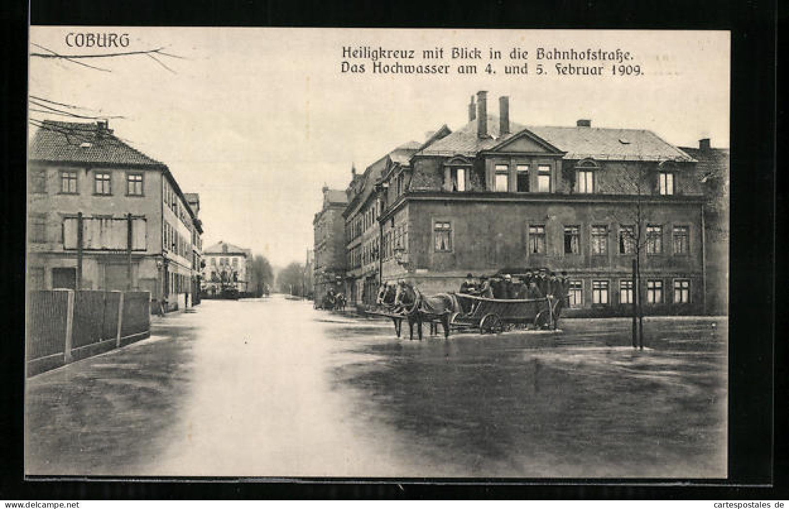 AK Coburg, Heiligkreuz Mit Blick In Die überschwemmte Bahnhofstrasse, Hochwasser 1909, Bürger Im Pferdewagen  - Überschwemmungen