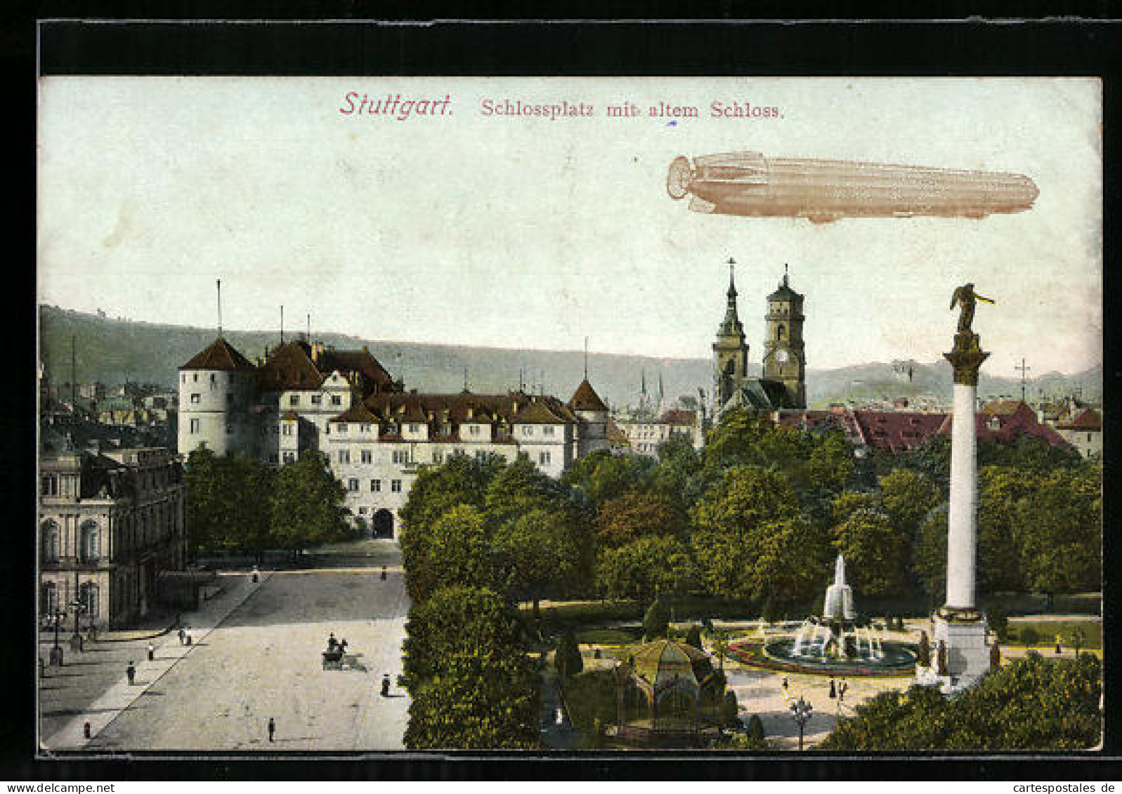 AK Stuttgart, Schlossplatz Mit Altem Schloss Und Fliegendem Zeppelin  - Zeppeline