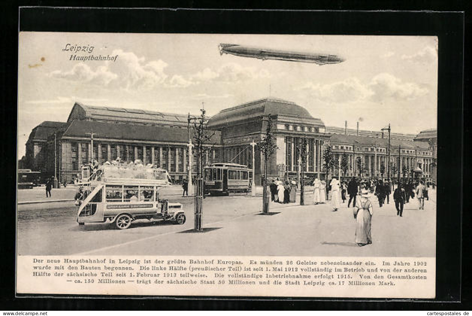 AK Leipzig, Hauptbahnhof Mit Strassenbahn, Omnibus Und überfliegendem Zeppelin  - Zeppeline