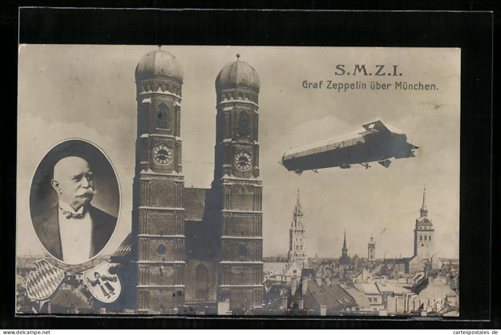 AK München, Teilansicht Mit Frauenkirche Und Zeppelin, Portrait Graf Zeppelin, Wappen  - Luchtschepen