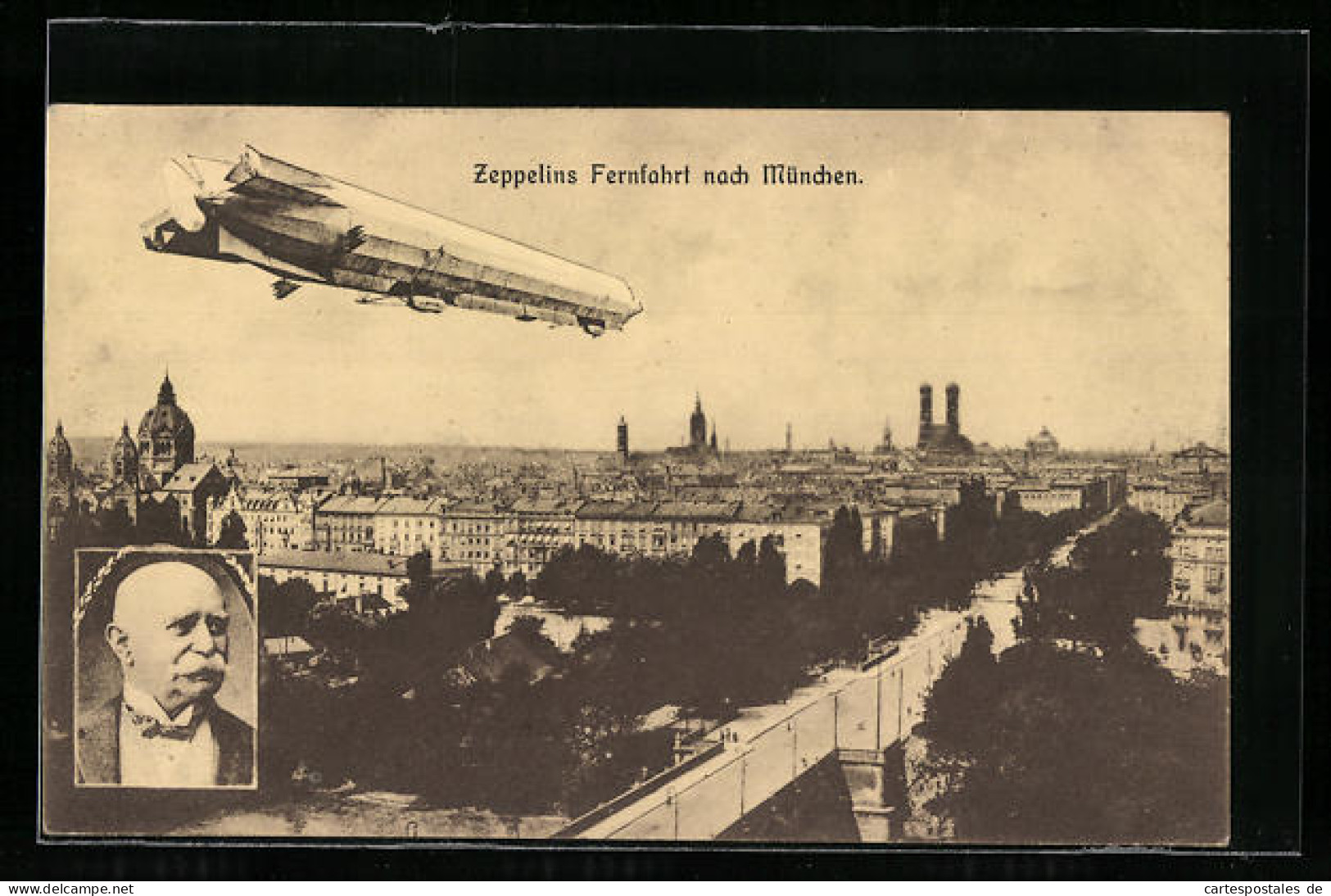 AK München, Zeppelins Fernfahrt Nach München, Ortsansicht Mit Zeppelin, Portrait Zeppelin  - Airships