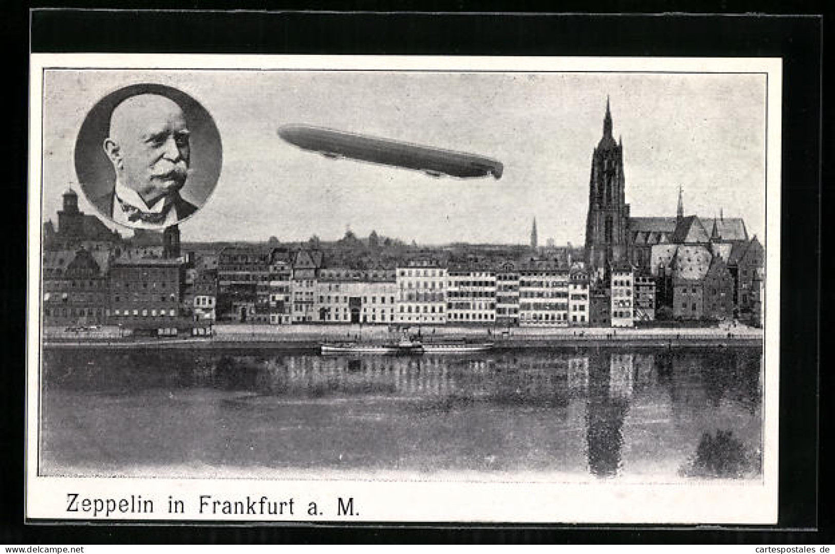 AK Frankfurt A. M., Panorama Mit Fliegendem Zeppelin, Portrait Graf Zeppelin  - Zeppeline