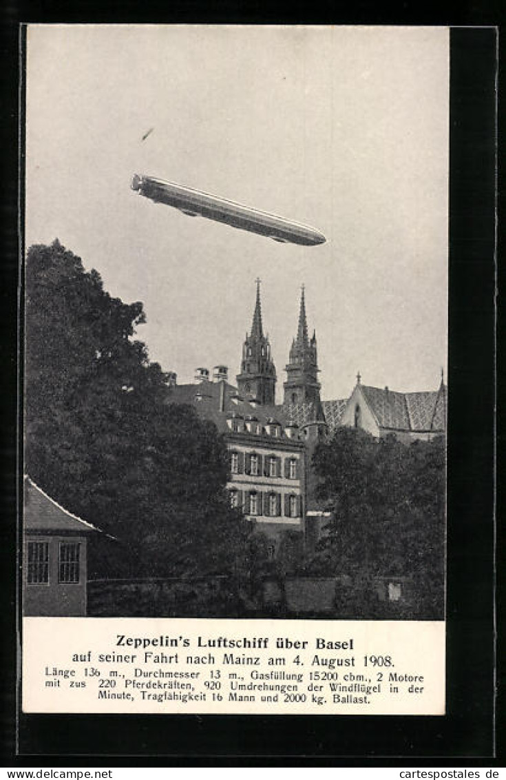 AK Basel, Zeppelin-Luftschiff Auf Seiner Fahrt Nach Mainz 1908  - Zeppeline