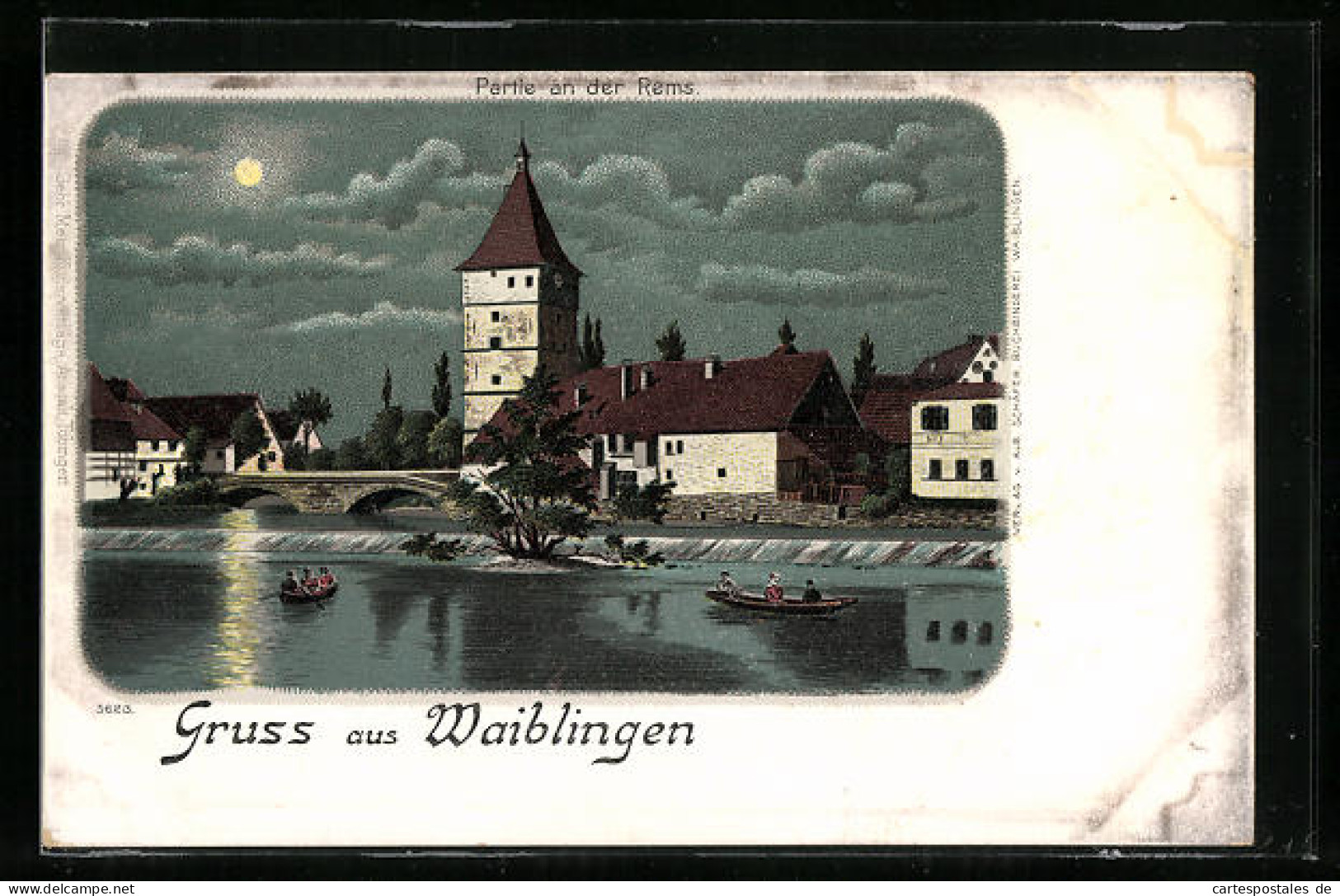 Lithographie Waiblingen, Remspartie Bei Mondschein  - Waiblingen