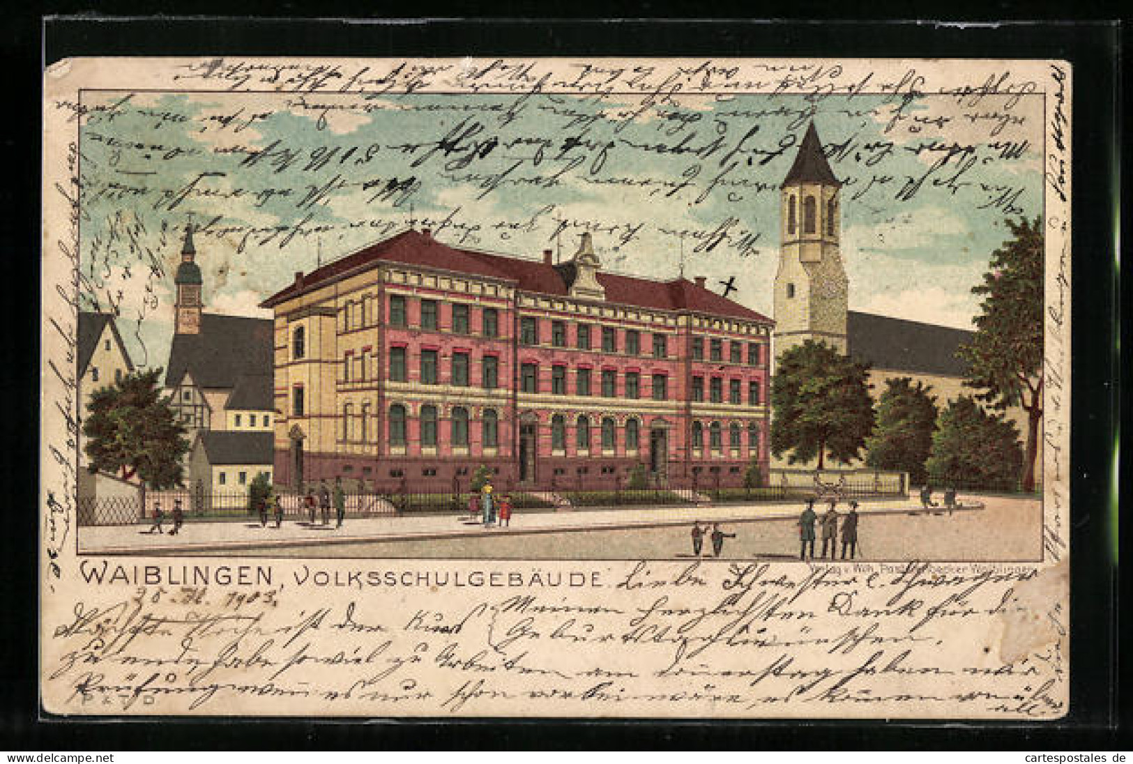 Lithographie Waiblingen, Volksschule Und Kirche  - Waiblingen