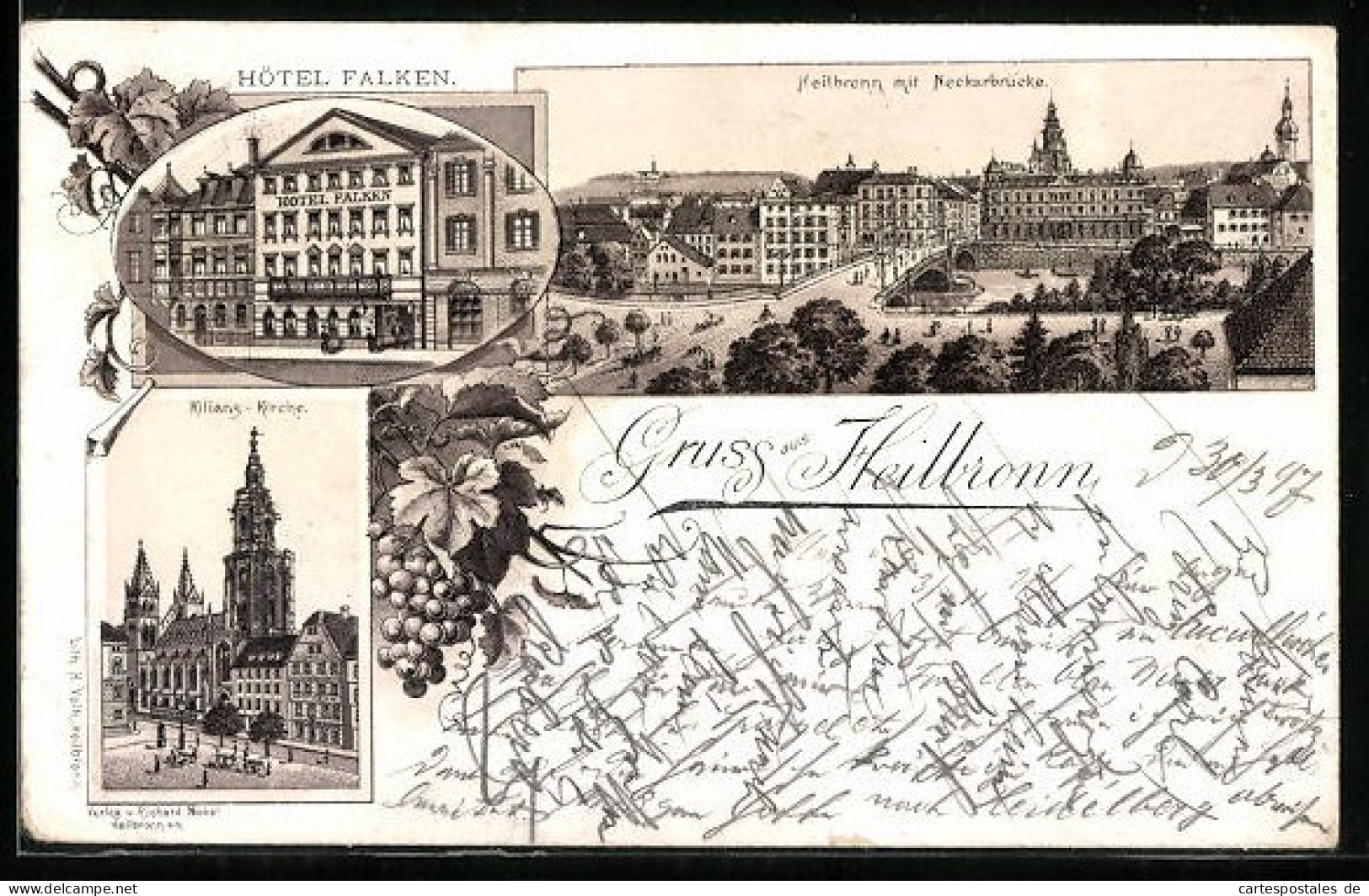 Lithographie Heilbronn, Hotel Falken, Neckarbrücke, Kilians-Kirche  - Heilbronn