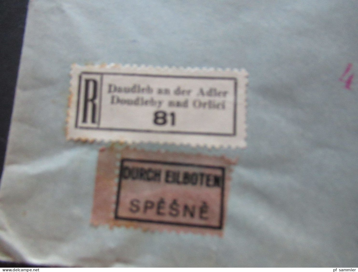 Böhmen Und Mähren 1942 Hitler Marken MiF Einschreiben Daudleb An Der Adler Doudleby Nad Orlici Durch Eilboten Nach Prag - Lettres & Documents