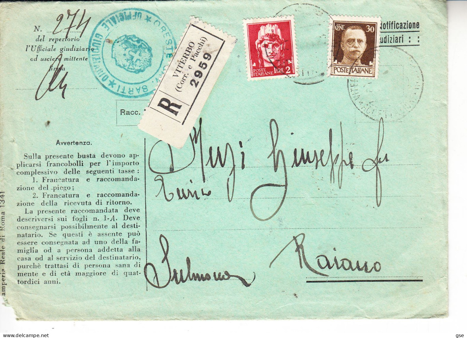 ITALIA 1936 - Raccomandata  Da Viterbo A Raiano - Sulmona - Poststempel