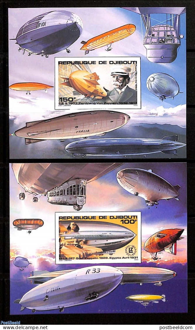 Djibouti 1980 Zeppelin 2 S/s Imperforated, Mint NH, Transport - Balloons - Zeppelins - Luchtballons