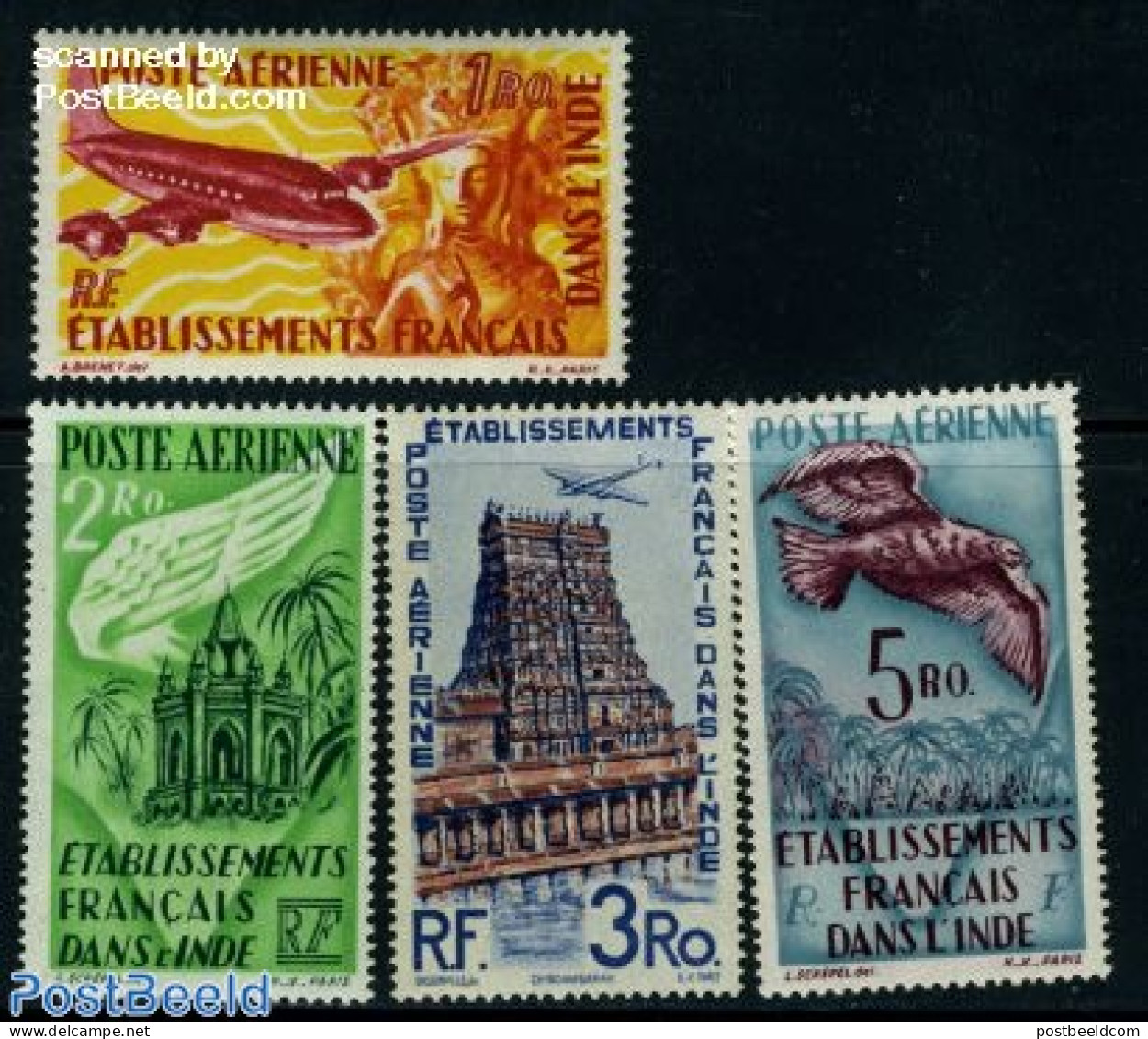 French India 1948 Definitives 4v, Mint NH, Nature - Transport - Birds - Aircraft & Aviation - Nuevos