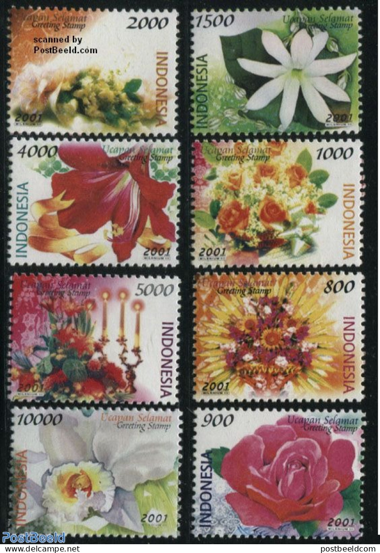 Indonesia 2001 Greetings, Flowers 8v, Mint NH, Nature - Flowers & Plants - Roses - Indonesia