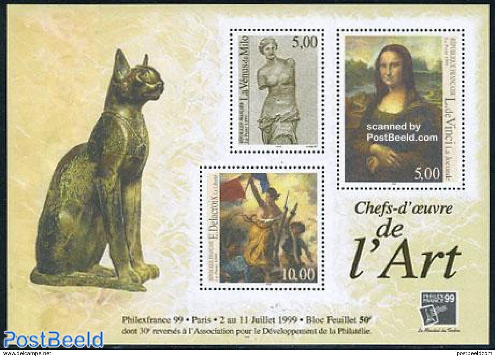France 1999 Philexfrance S/s, Mint NH, Nature - Cats - Art - Leonardo Da Vinci - Paintings - Sculpture - Unused Stamps