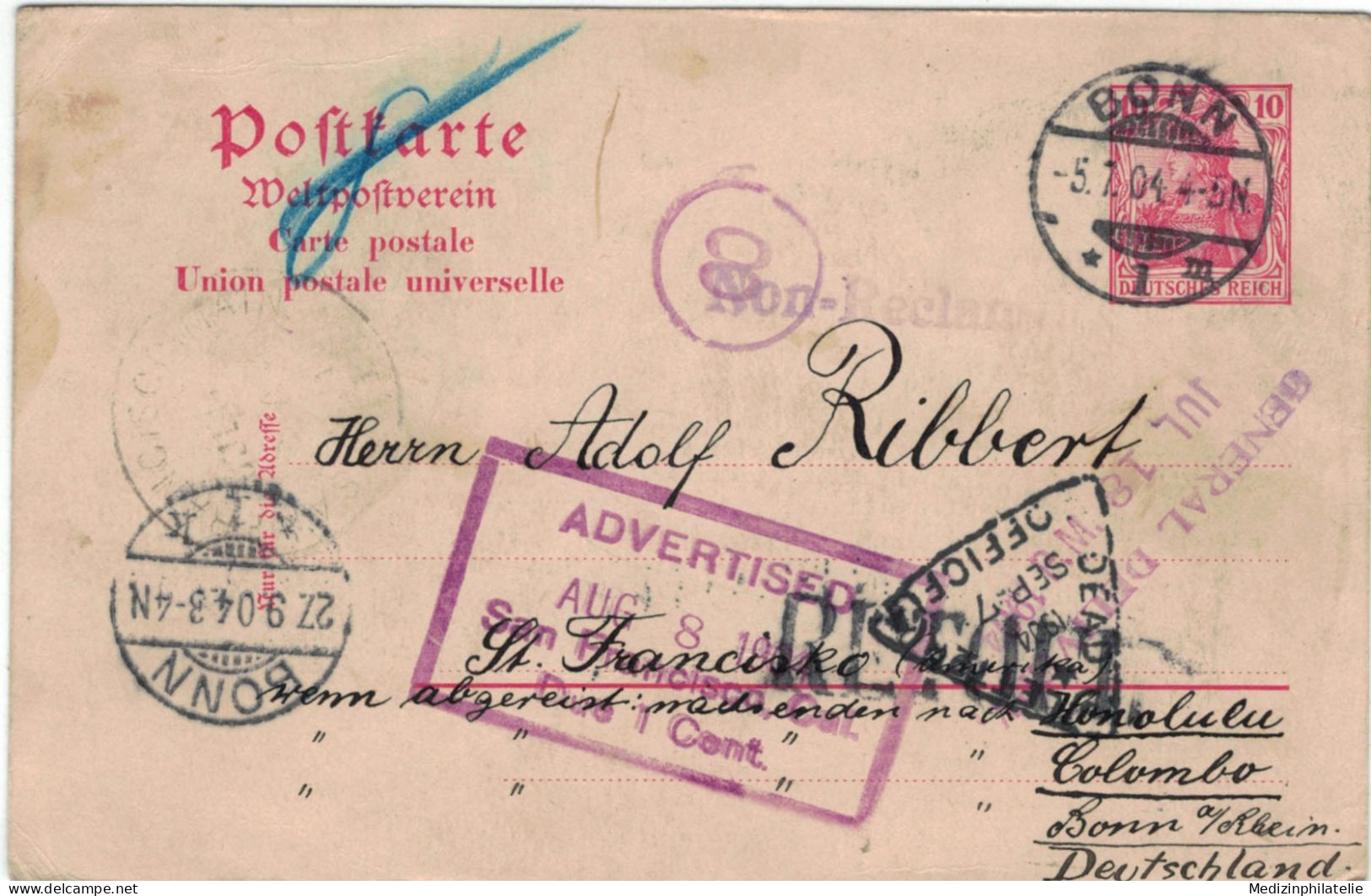 Ganzsache - Seehaus Bonn 1904 > Adolf Ribbert St. Francisko Nachsenden Ggf Honolulu - Briefkaarten