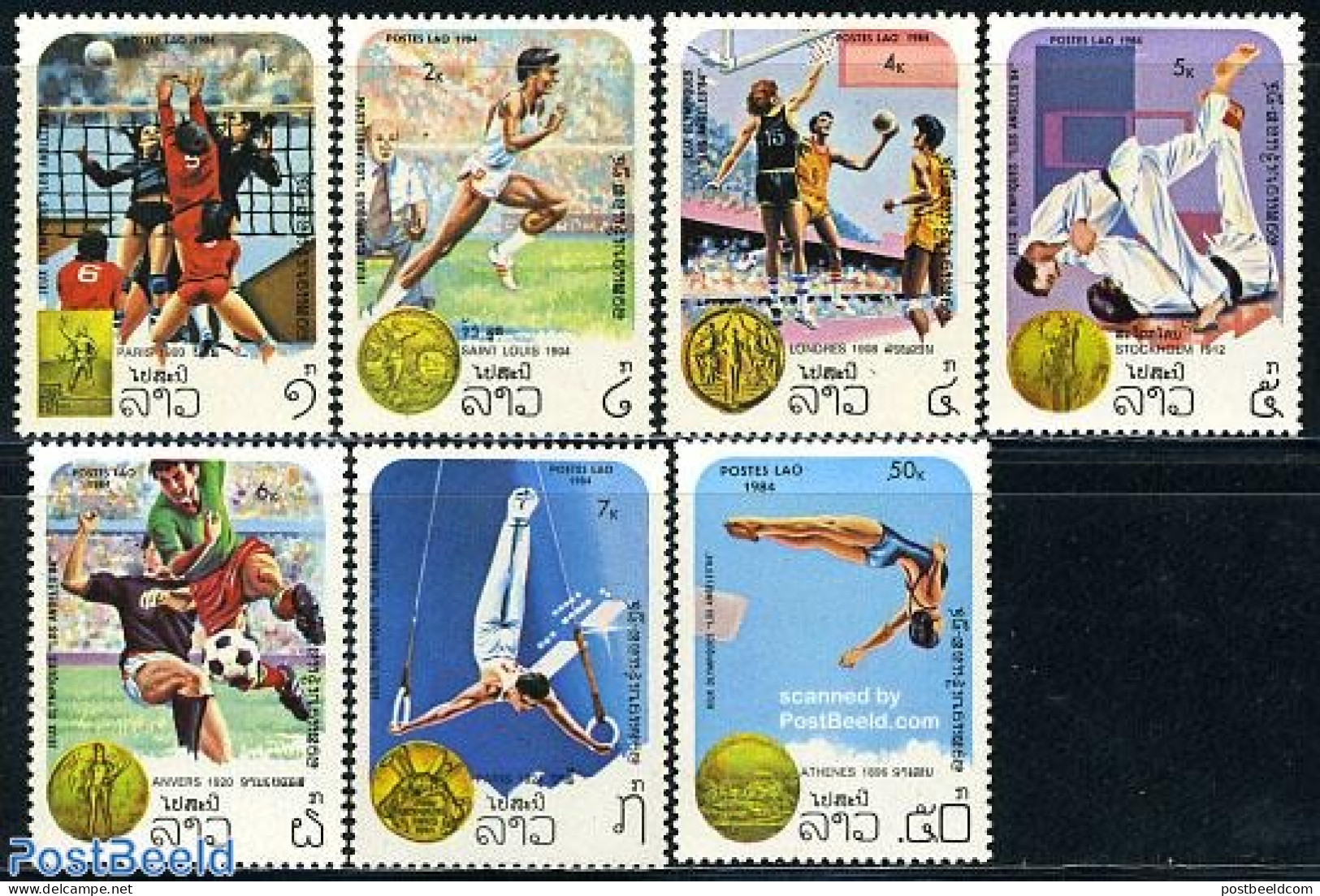 Laos 1984 Olympic Games 7v, Mint NH, Sport - Basketball - Football - Gymnastics - Judo - Olympic Games - Volleyball - Basketbal