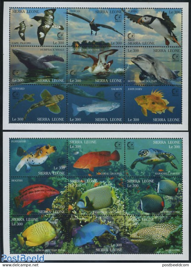 Sierra Leone 1995 Singapore 95 18v (2 M/s), Mint NH, Nature - Birds - Fish - Sea Mammals - Turtles - Puffins - Fishes